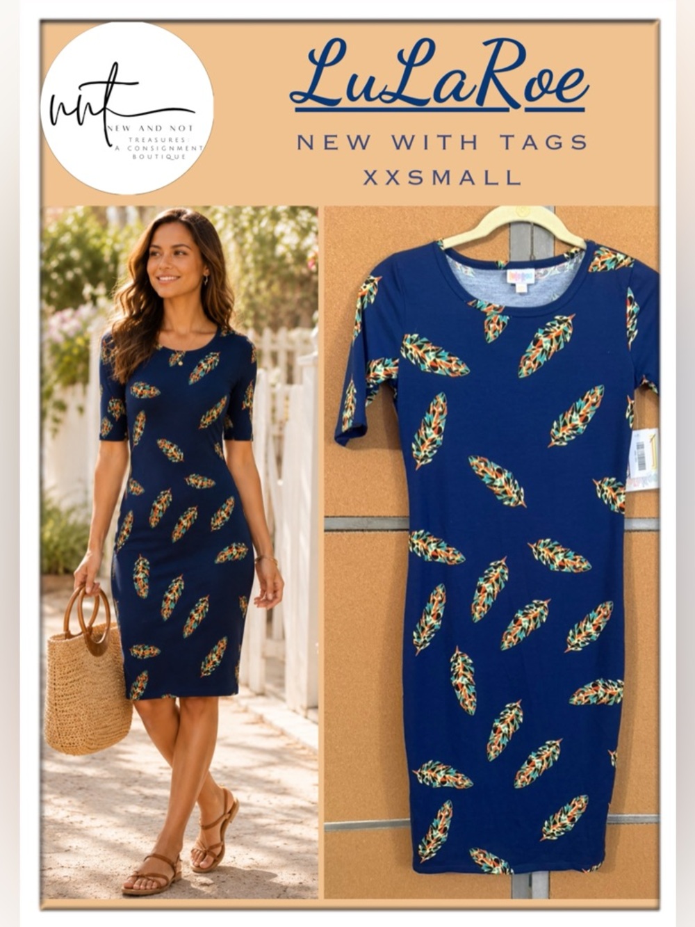 LuLaRoe Julia Dress XXS Blue Geometric Feather Print Knee Length Bodycon NWT